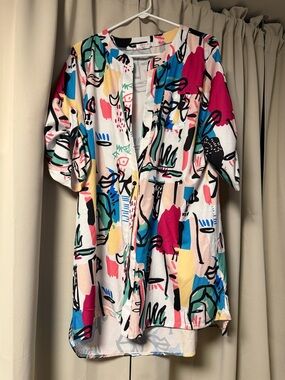 Abstract Print Button-Up Tunic Top Swim Cover Up in Multicolor